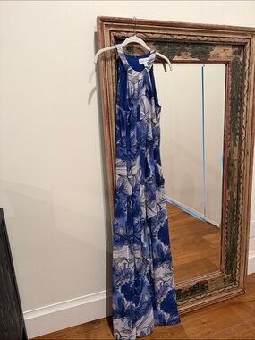 Badgley Mischka Blue and White Floral Halter Maxi Dress